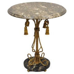 Vtg Italian Hollywood Regency Tassel Gold Iron Round Marble Top Small Side Table