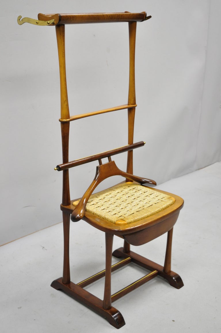 Italian Mid-Century Modern SPQR Birch, Brass Clothing Valet Suit Stand Chair 8