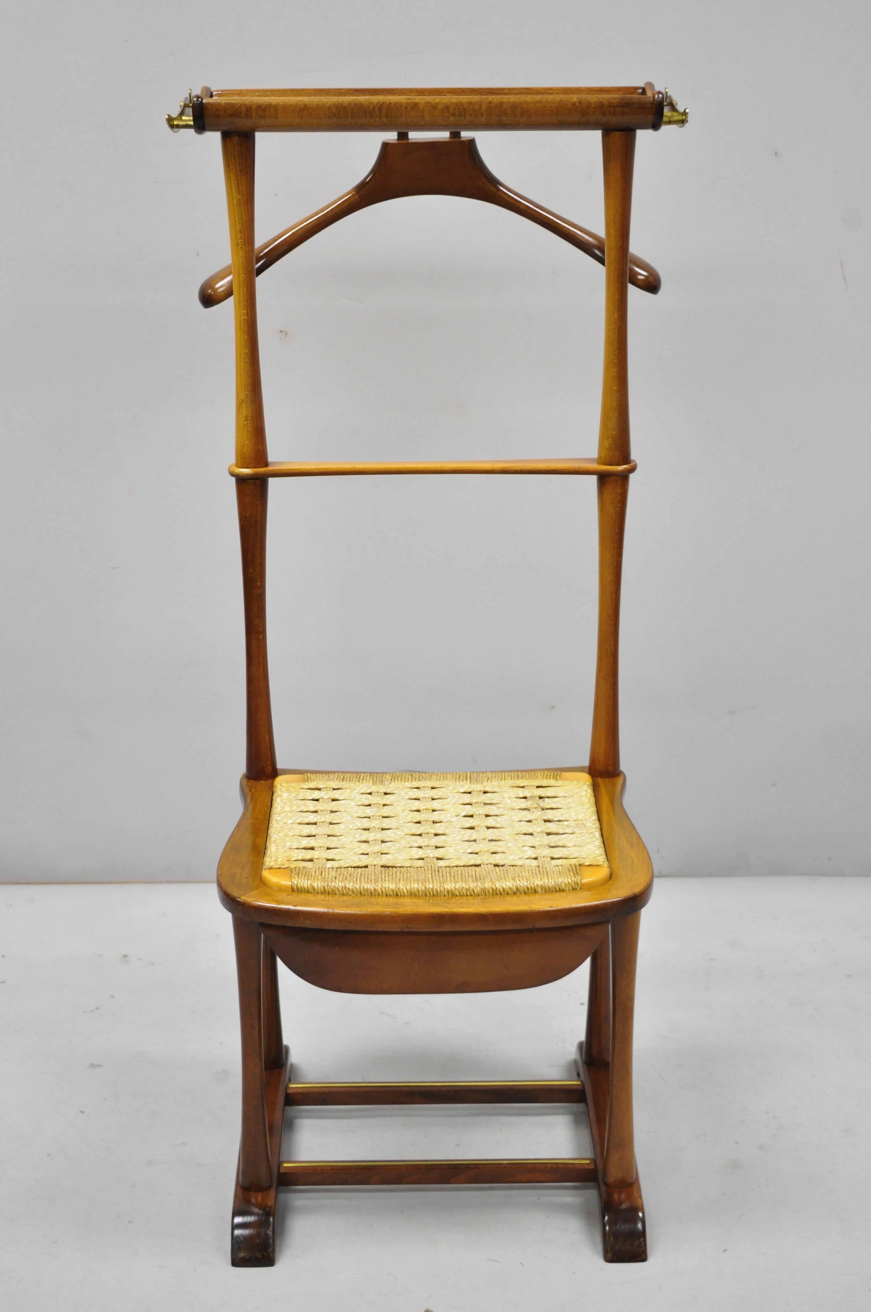 Vintage Italian Mid-Century Modern SPQR birch & brass clothing valet suit stand chair. Item includes removable hanger, woven seat, single drawer, solid wood frame, beautiful wood grain, original label, clean modernist lines, quality Italian