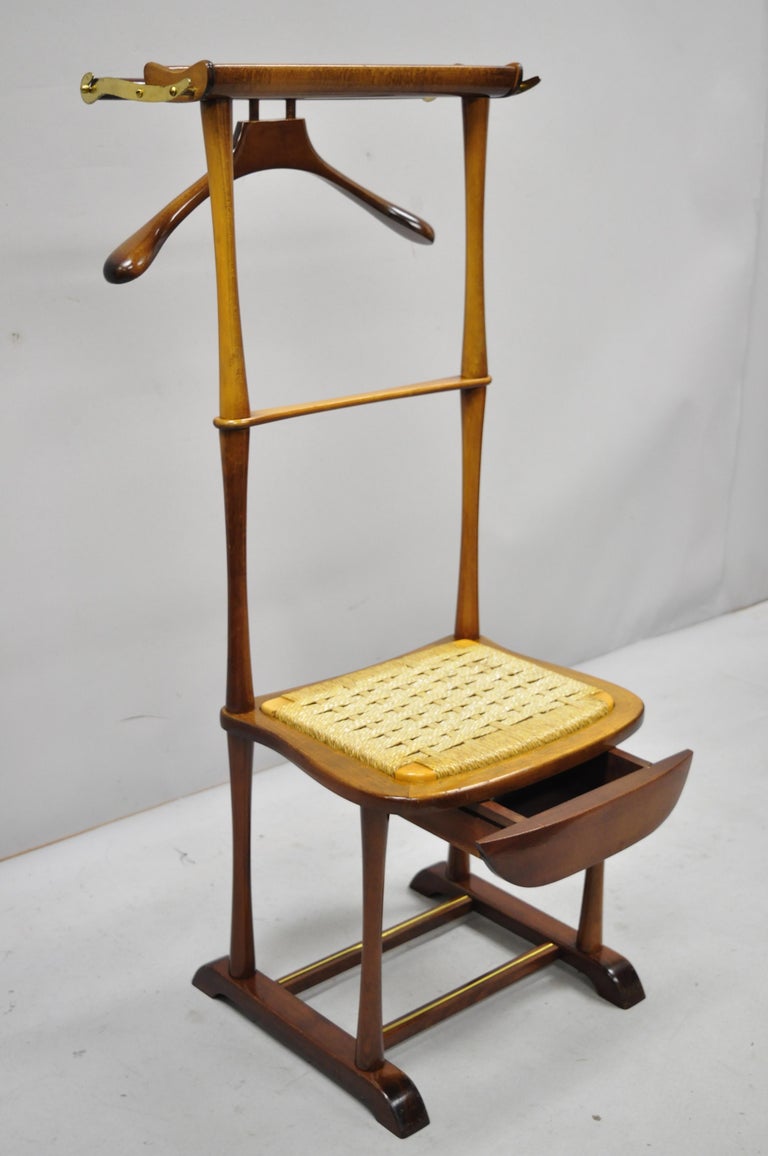 Italian Mid-Century Modern SPQR Birch, Brass Clothing Valet Suit Stand Chair In Good Condition In Philadelphia, PA