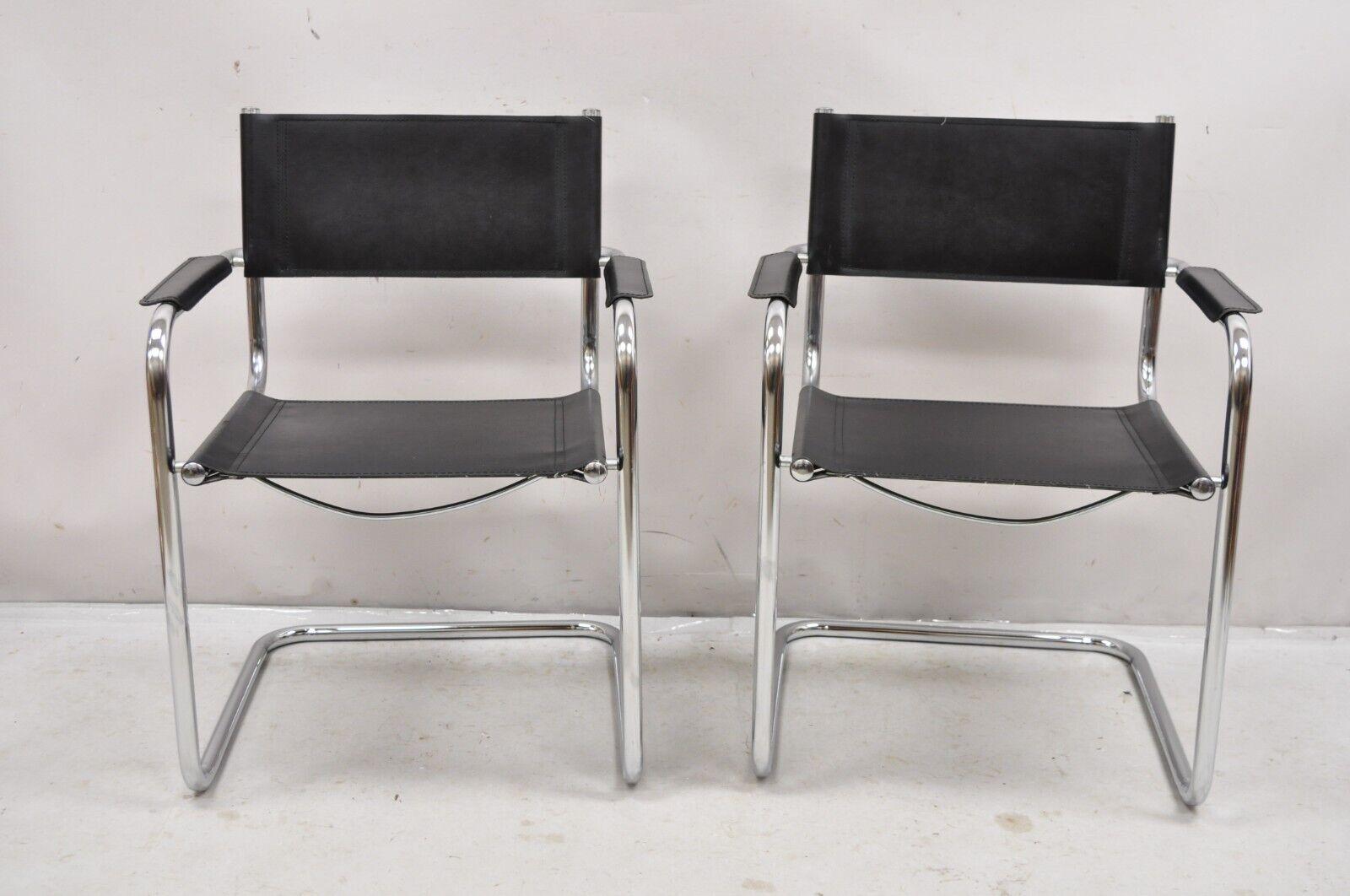 Vintage Italian Model S34 Arm Chair in the Manner of Mart Stam for Cesca in Black Leather and Chrome Steel - a Pair. Circa  Mid to Late 20th Century. Measurements: 32