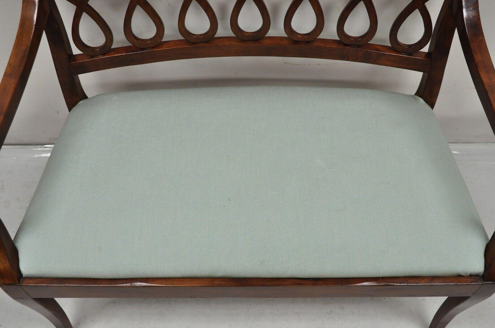 Fabric Vtg Italian Neoclassical Style Cherry Wood Spiral Carved Small Bench Loveseat For Sale