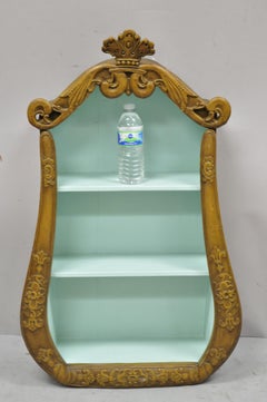 Vtg Italian Regency Carved Wood Wall Shelf Display Curio Shadowbox Blue Paint