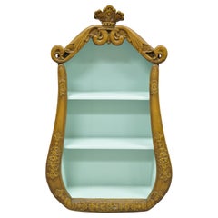 Vtg Italian Regency Carved Wood Wall Shelf Display Curio Shadowbox Blue Paint