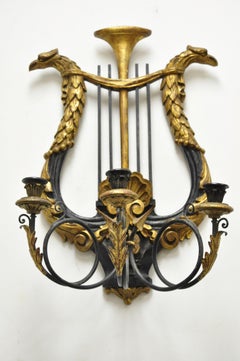 Italian Regency Griffin Harp Black Gold Giltwood Candleholder Wall Sconce