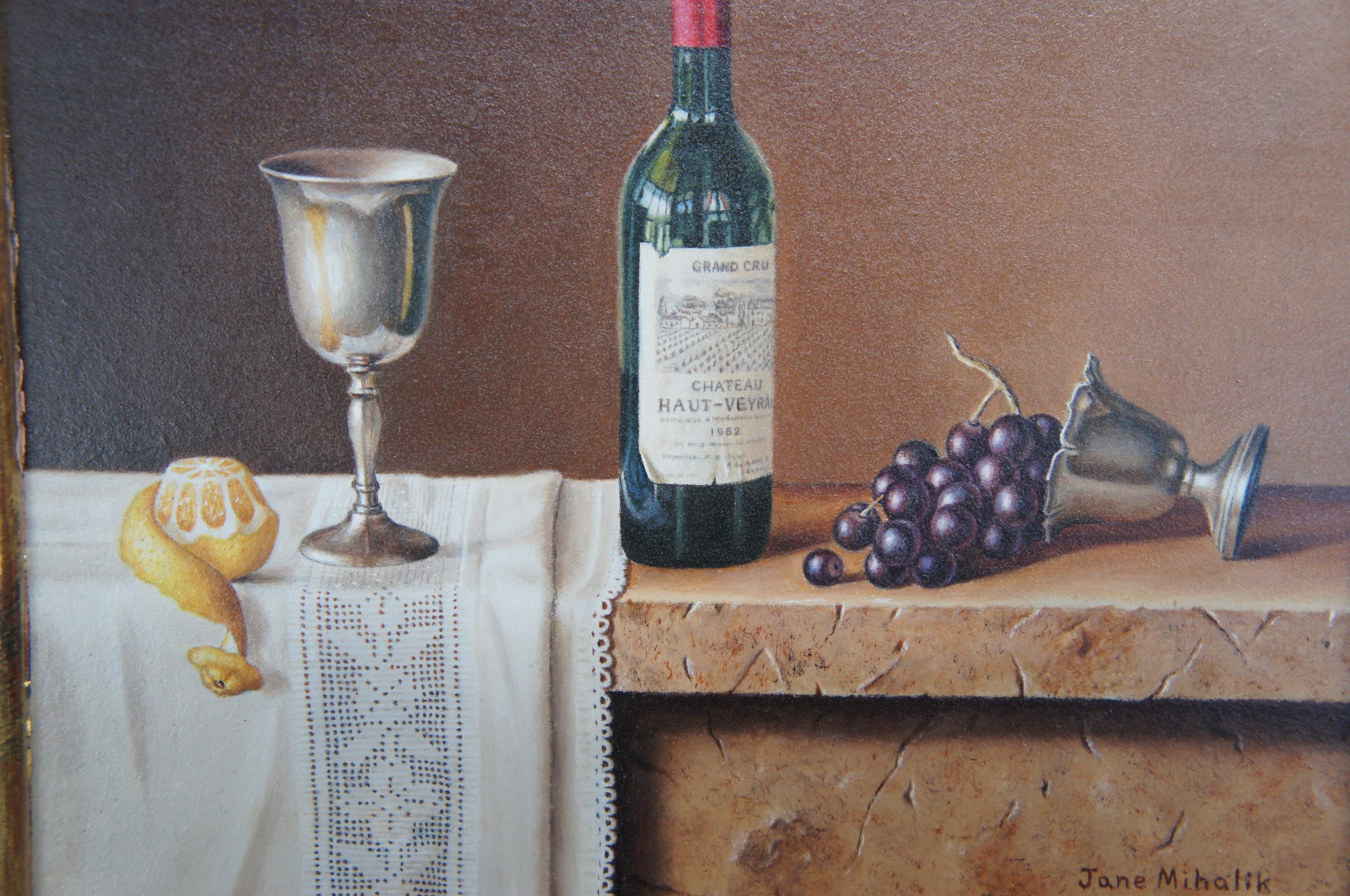 20th Century Vtg Jane Mihalik Miniature Still Life French Bordeaux Grape Wine Oil on Board