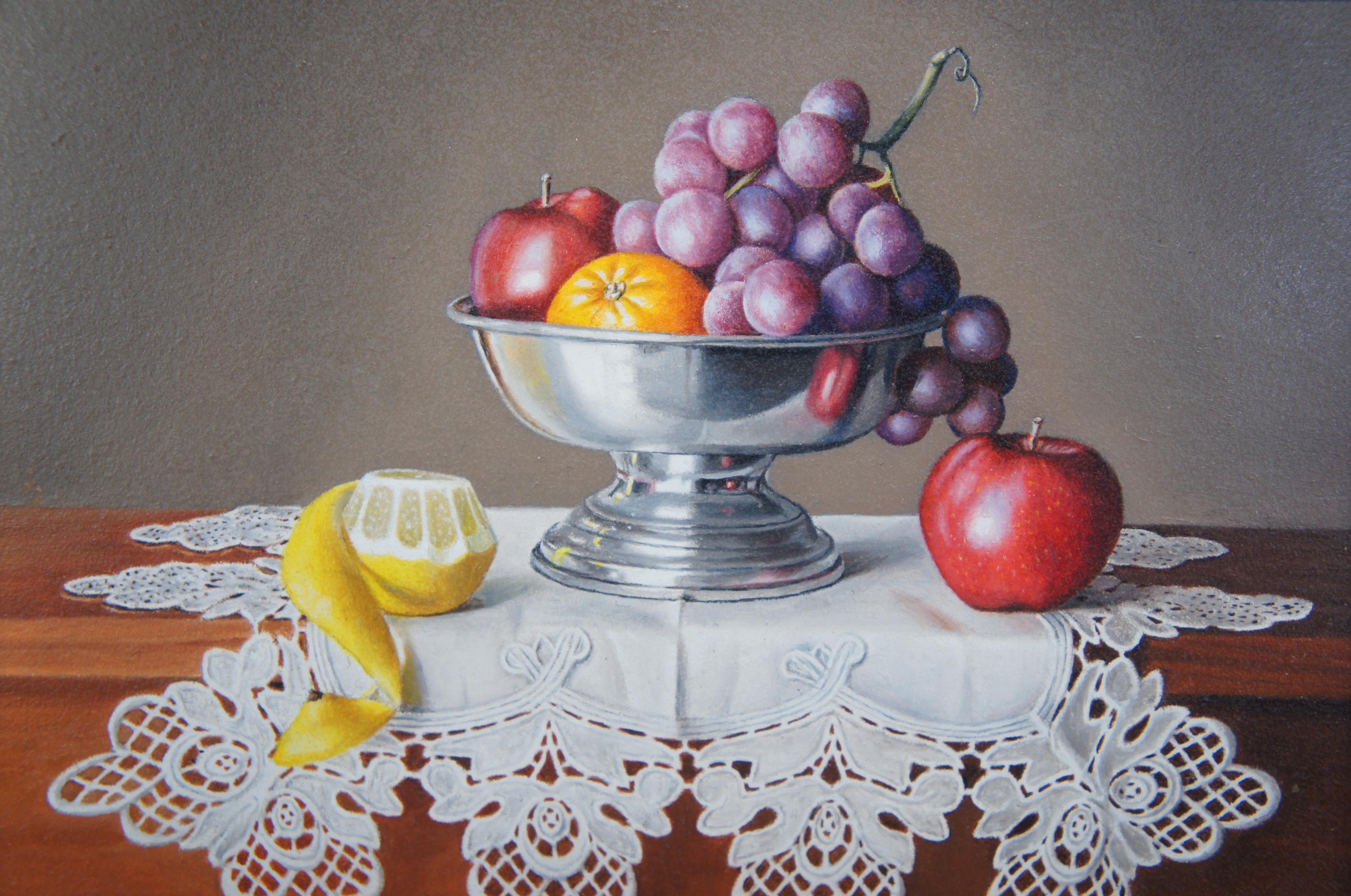 Vtg Jane Mihalik Miniature Still Life French Bordeaux Grape Wine Oil on Board In Good Condition In Dayton, OH