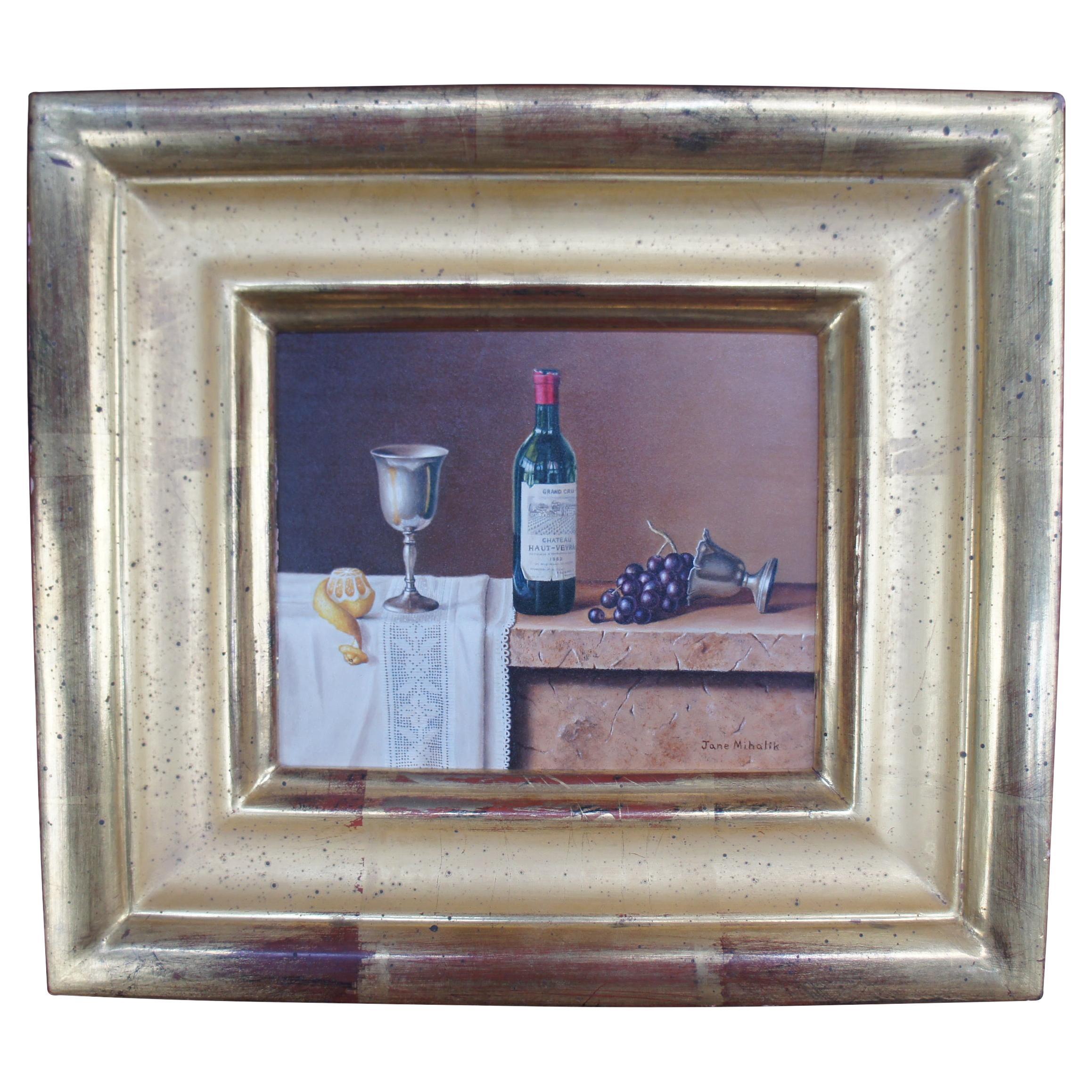 Vtg Jane Mihalik Miniature Still Life French Bordeaux Grape Wine Oil on Board