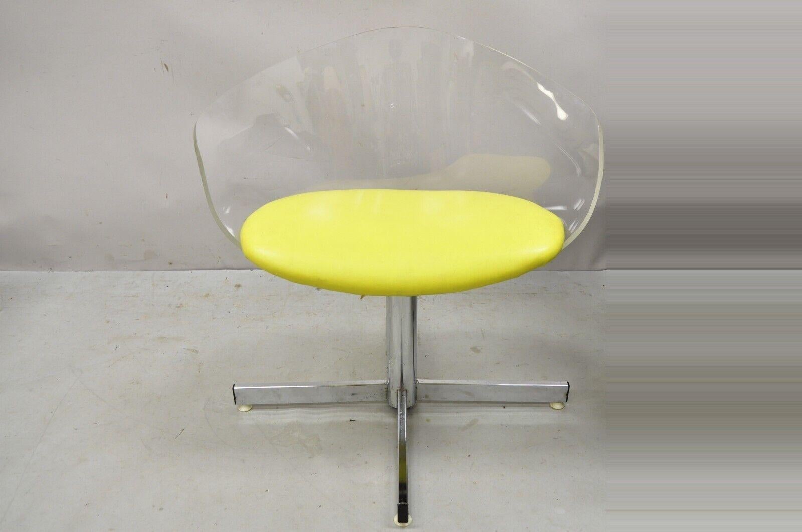 Vtg Jansko Clear Sculpted Lucite Mid-Century Modern Yellow Vinyl Swivel Chair For Sale 6