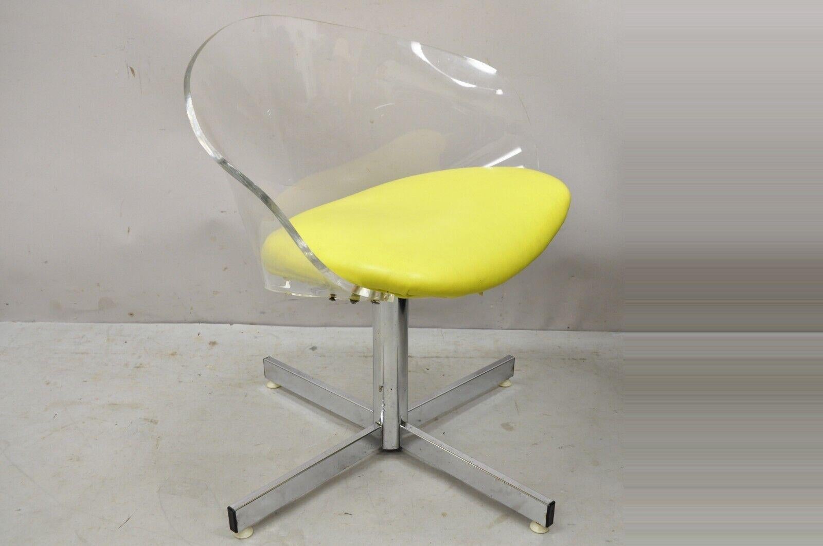Vtg Jansko Clear Sculpted Lucite Mid-Century Modern Yellow Vinyl Swivel Chair In Good Condition For Sale In Philadelphia, PA