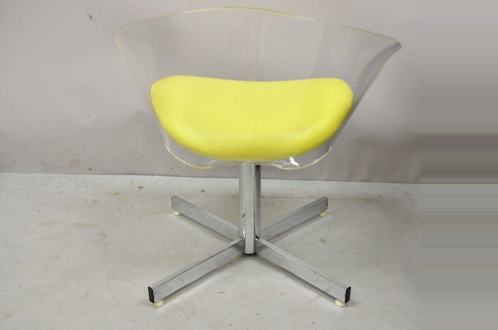Vtg Jansko Clear Sculpted Lucite Mid-Century Modern Yellow Vinyl Swivel Chair For Sale 4