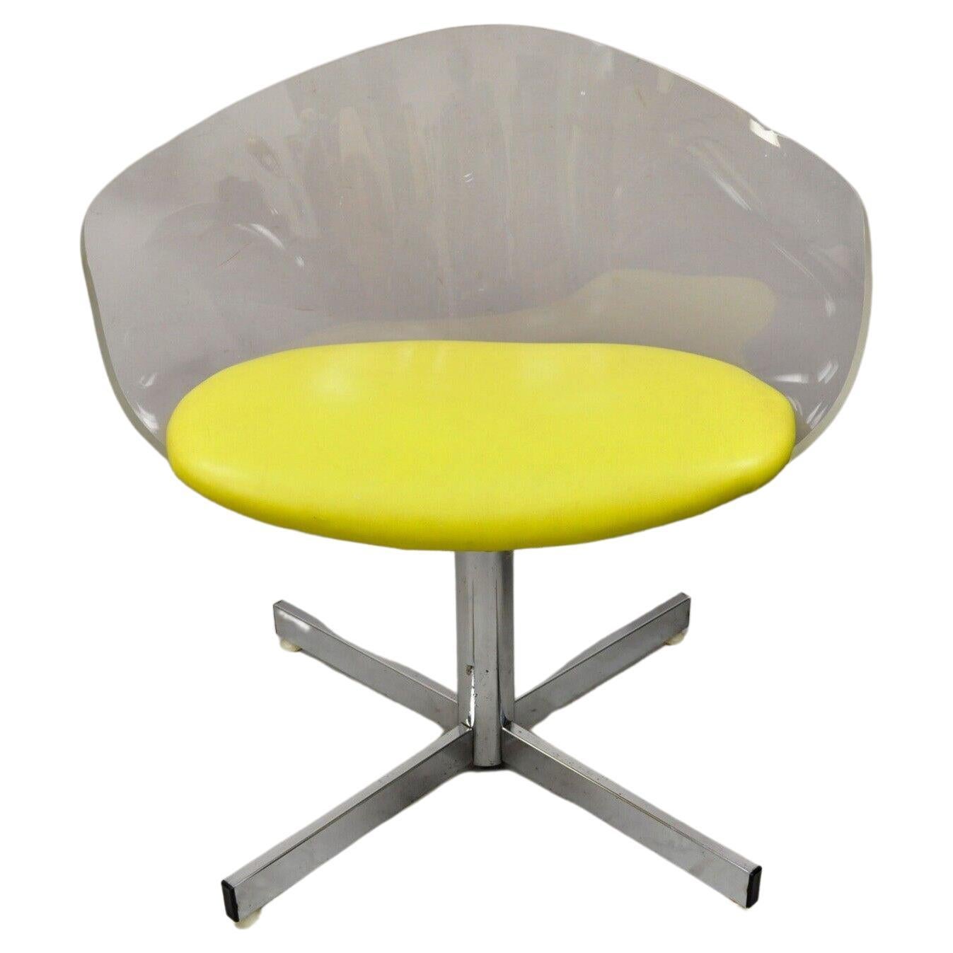 Vtg Jansko Clear Sculpted Lucite Mid-Century Modern Yellow Vinyl Swivel Chair For Sale