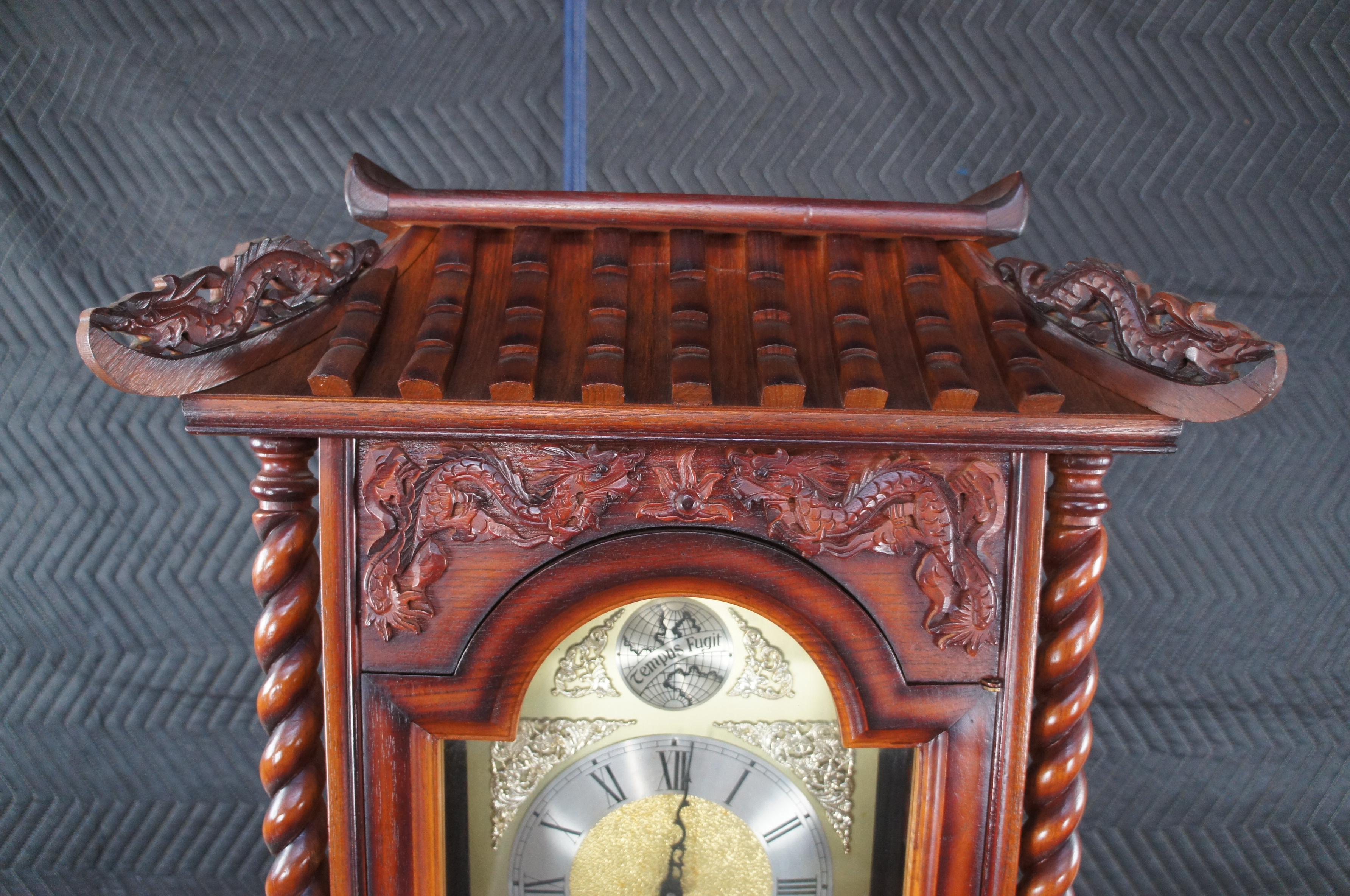 Late 20th Century Vtg Japanese Dragon Carved Oak Tempus Fugit Pagoda Grandfather Clock Oriental