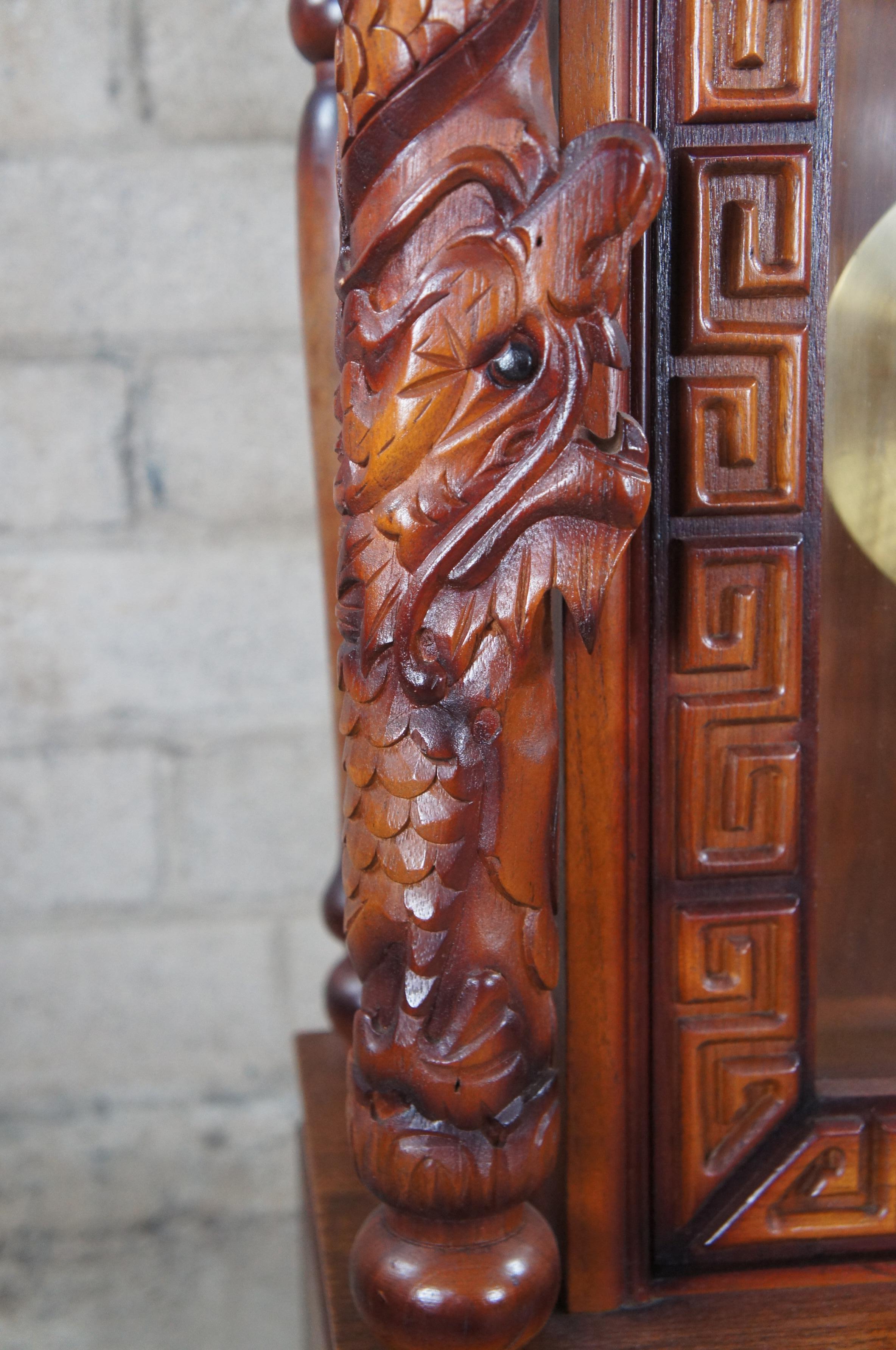 Vtg Japanese Dragon Carved Oak Tempus Fugit Pagoda Grandfather Clock Oriental 3