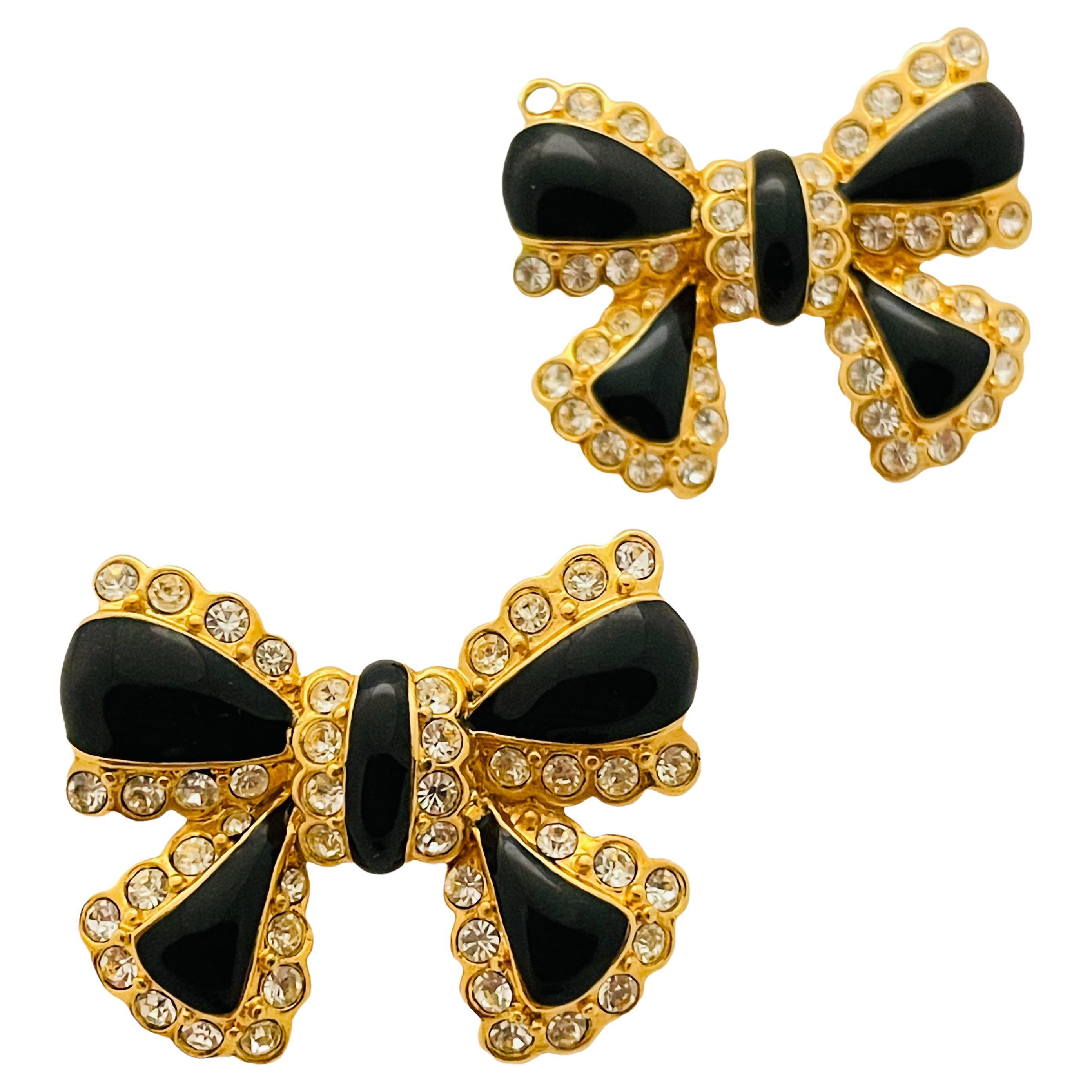 Vtg JOAN RIVERS gold bow enamel rhinestone designer runway pierced earrings For Sale