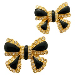 Vtg JOAN RIVERS gold bow enamel rhinestone designer runway pierced earrings