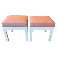 Vtg Kindel Coppia di panche ottomane traforate imbottite laccate Chinoiserie