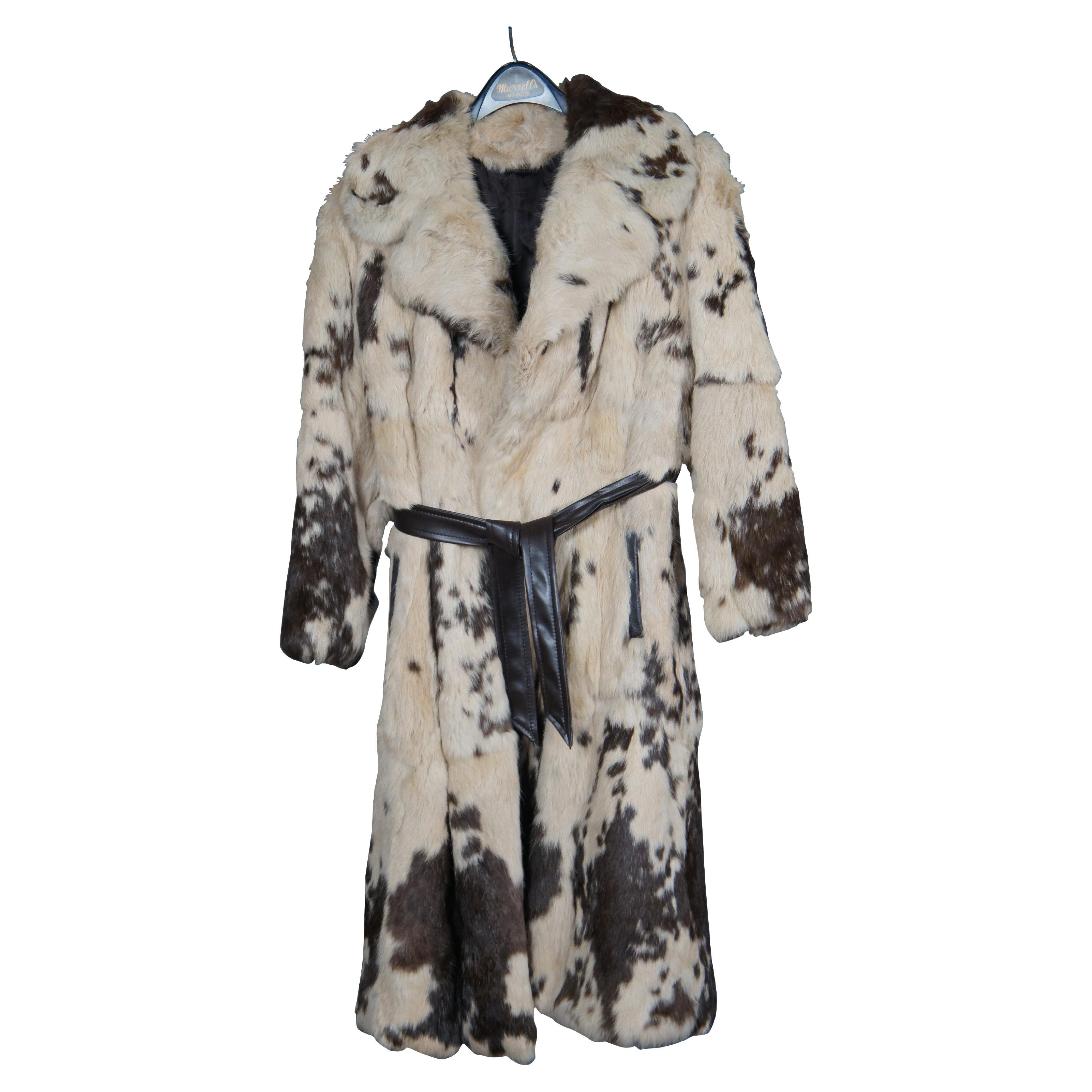 Vtg Korean Full Length Brown & White Angus Cowhide Fur Coat Womens Jacket