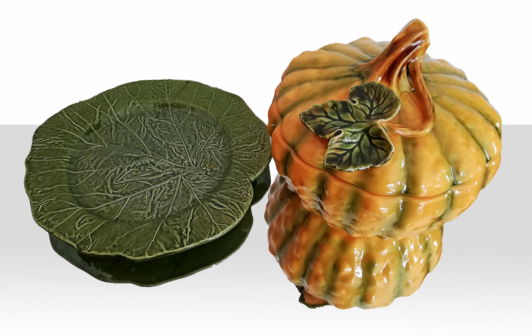 Mid-Century Modern Large Majolica Pottery Ceramic Pumpkin Tureen Box Tray Platter, Cover and Ladle