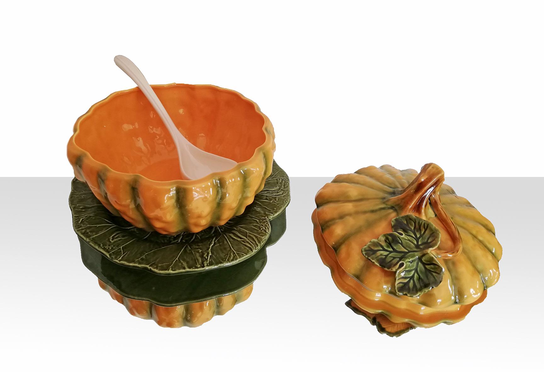 Glazed Large Majolica Pottery Ceramic Pumpkin Tureen Box Tray Platter, Cover and Ladle