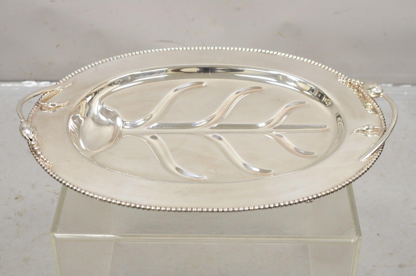 Vintage LBS Co English Art Nouveau Meat Cutlery Silver Plated Serving Platter Tray. Item features a unique raised floral design handles, beaded rim, original hallmark, very nice vintage item. Circa Mid 20th Century. Measurements:  3