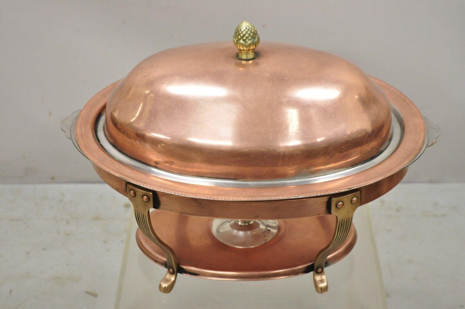Vintage Legion Utensils Copper & Brass Oval Chafing Dish Warming Tray Serving Pan. Circa Mid 20th Century. Measurements: 16