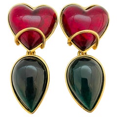 Vintage Vtg LES BERNARD gold red green heart jewel gripoix glass runway clip earrings