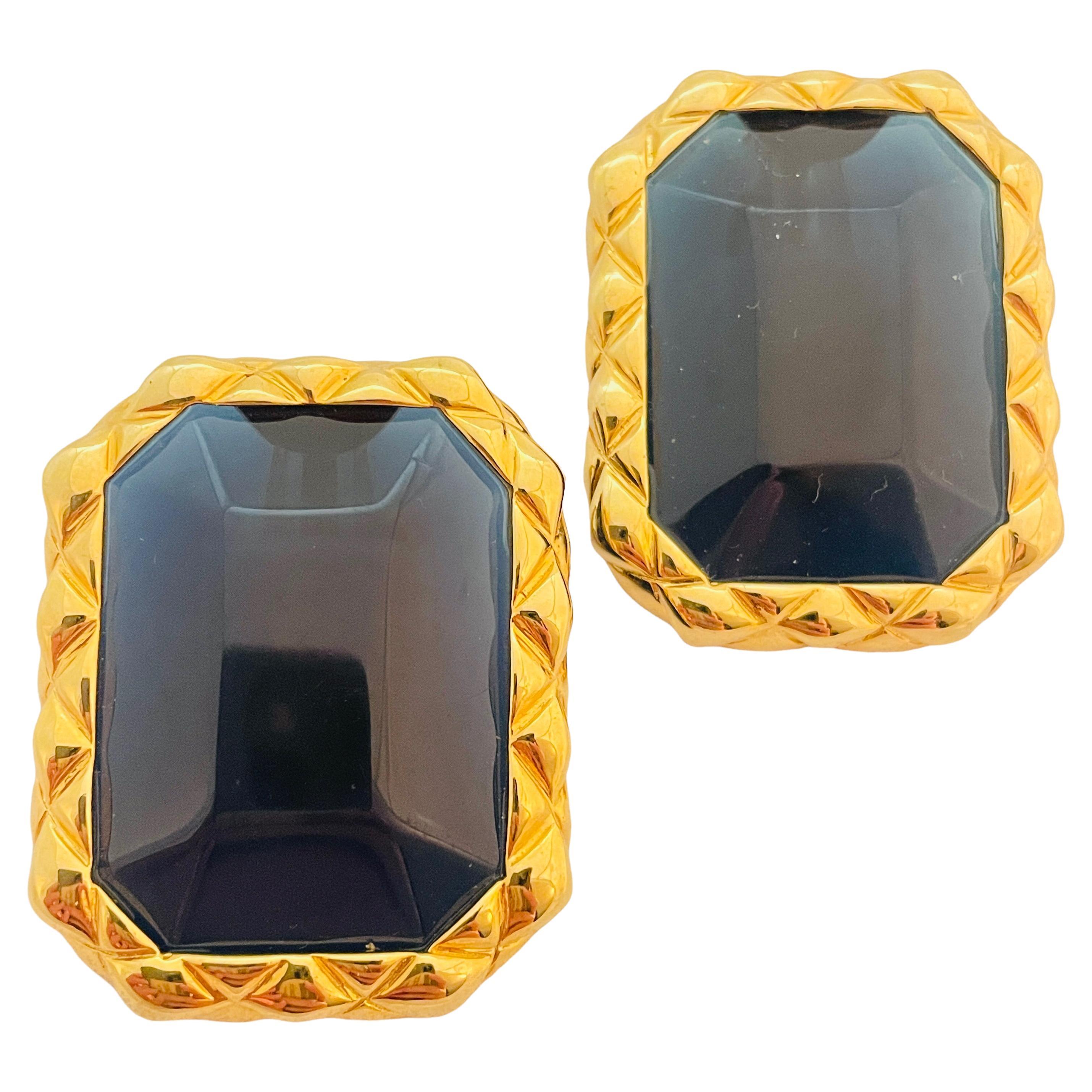 Vtg LES BERNARD gold sapphire glass massive earrings designer runway For Sale