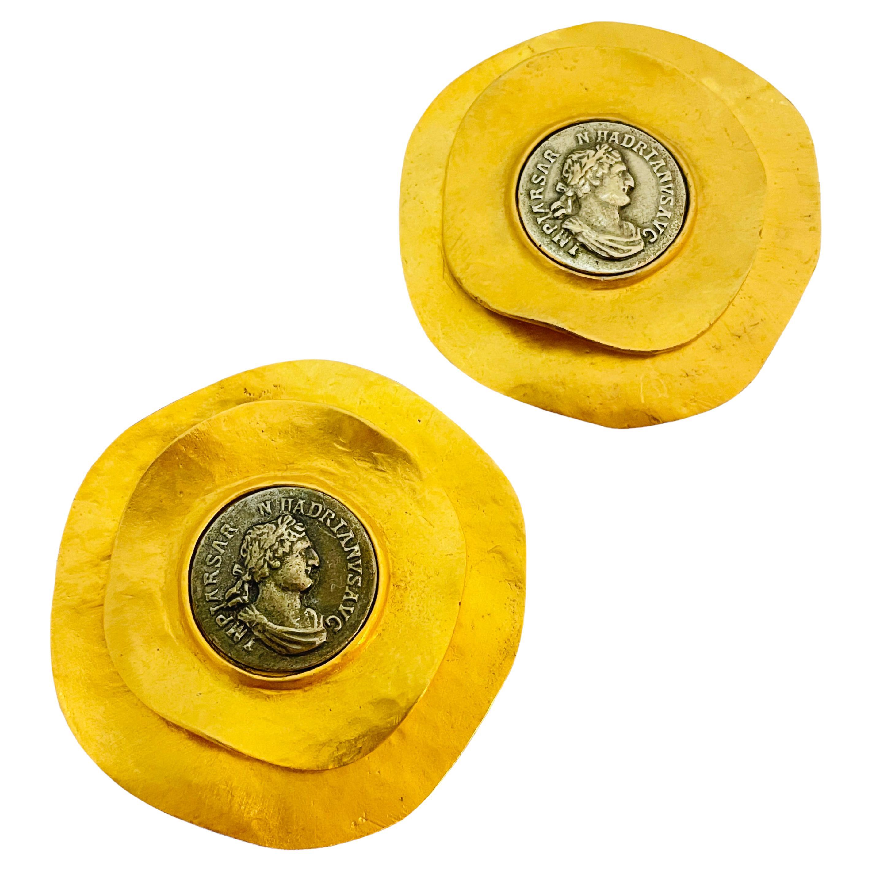 Vtg LES BERNARD matte gold silver coin massive earrings designer runway For Sale