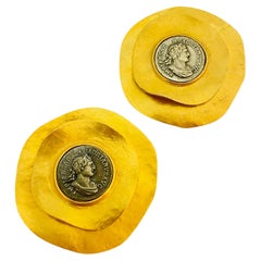 Vintage Vtg LES BERNARD matte gold silver coin massive earrings designer runway