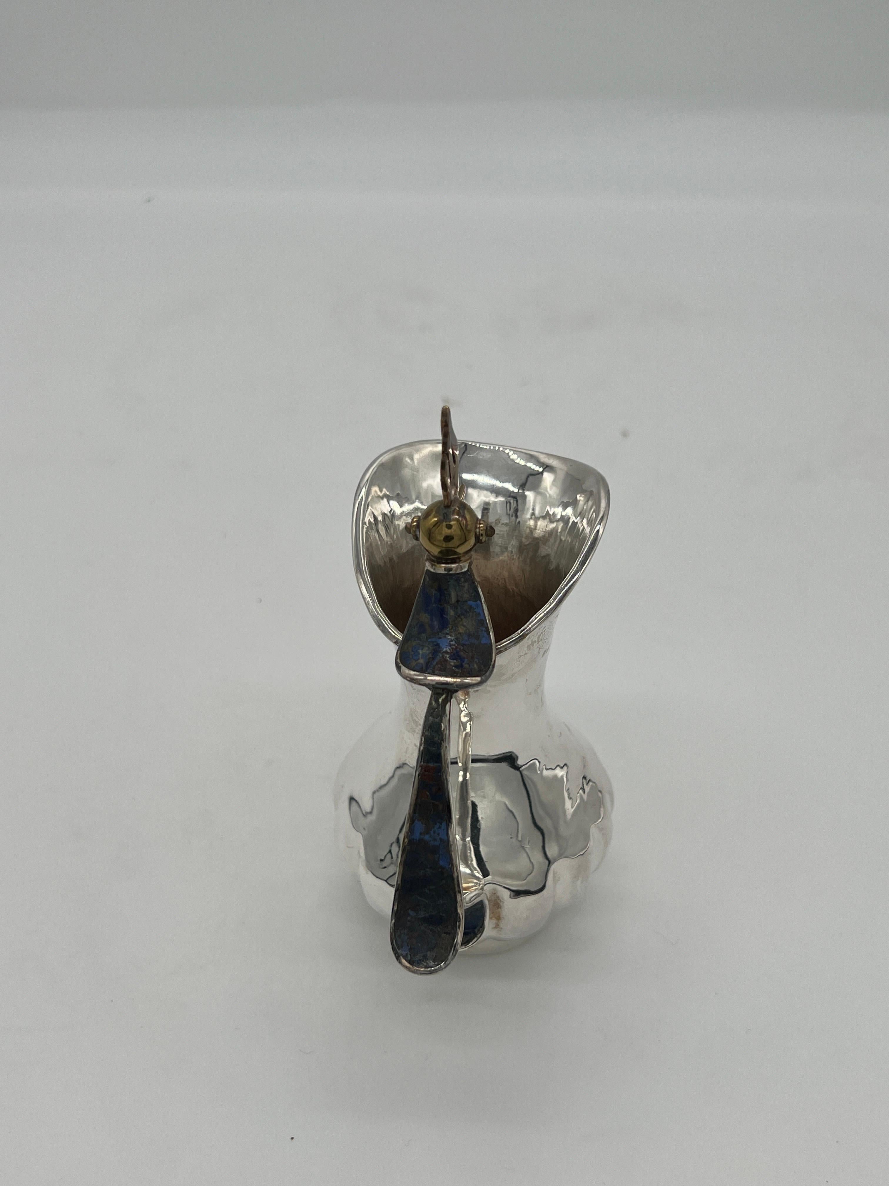 Late 20th Century Vtg Los Castillo Gemstone, Lapis Lazuli & Brass Mounted Silver Plated Pitcher For Sale