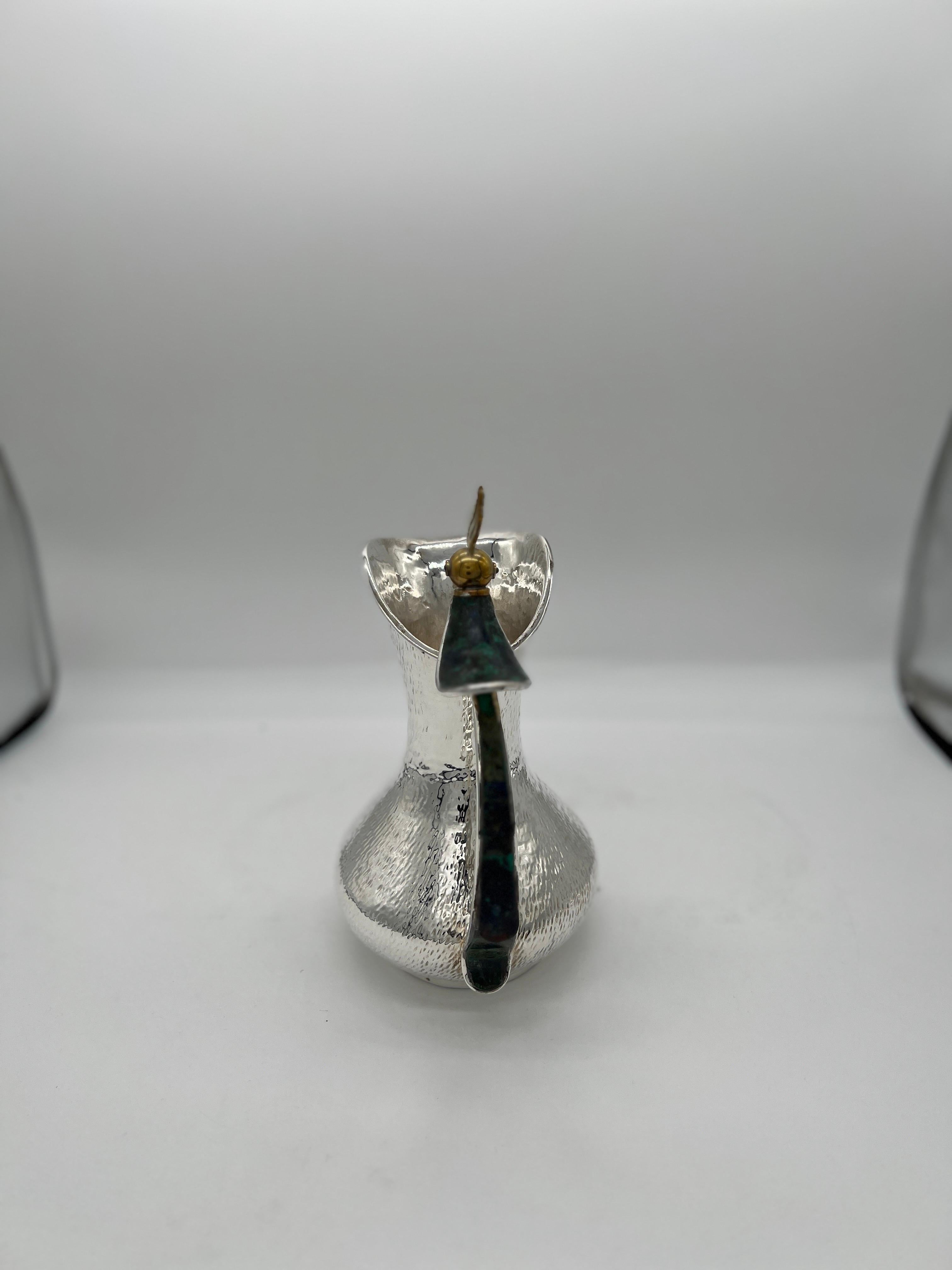 Mexican Vtg Los Castillo Malachite, Lapis Lazuli & Brass Mounted Silver Plated Pitcher For Sale