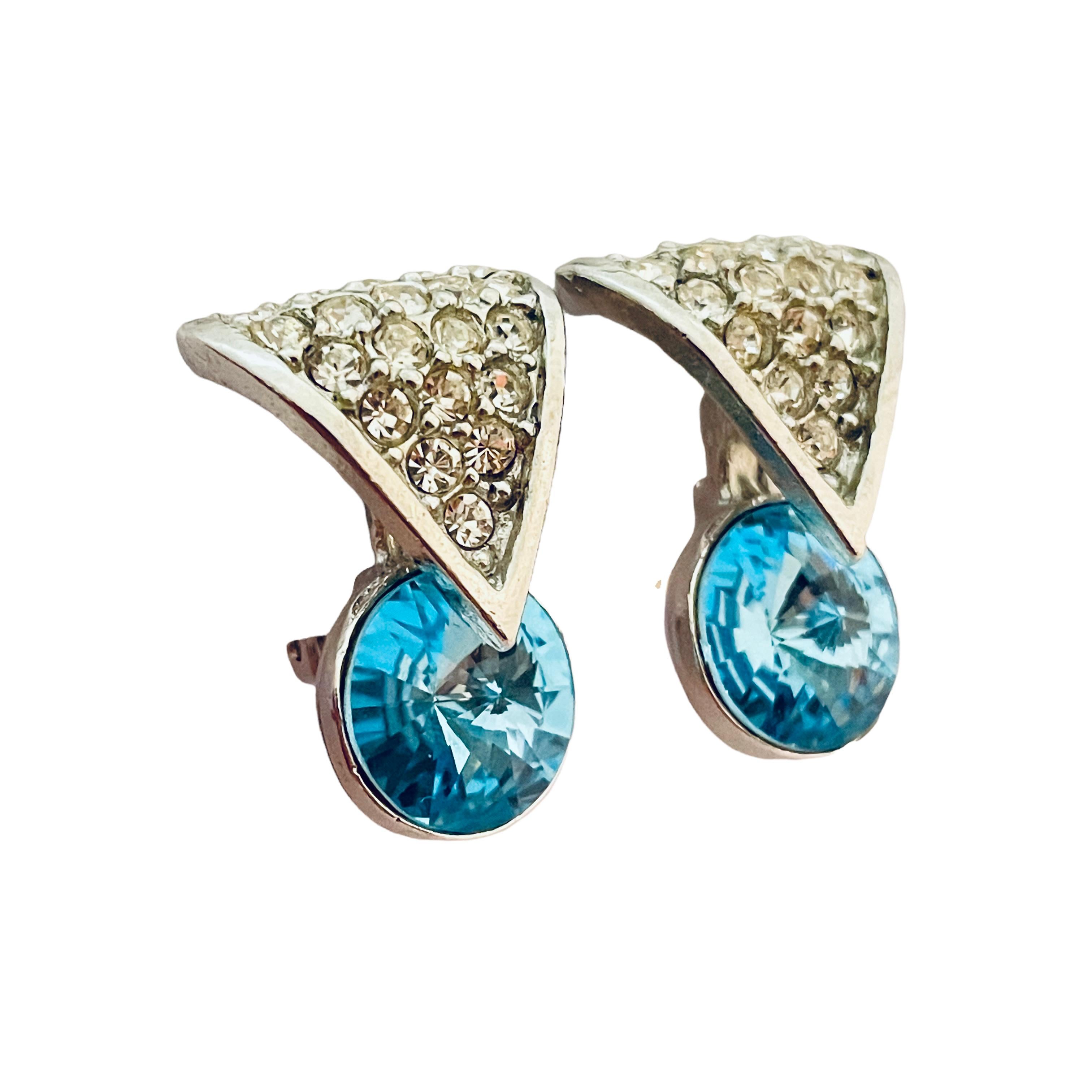 Women's or Men's Vtg MADE IN USA silver topaz glass clip on earrings designer runway For Sale