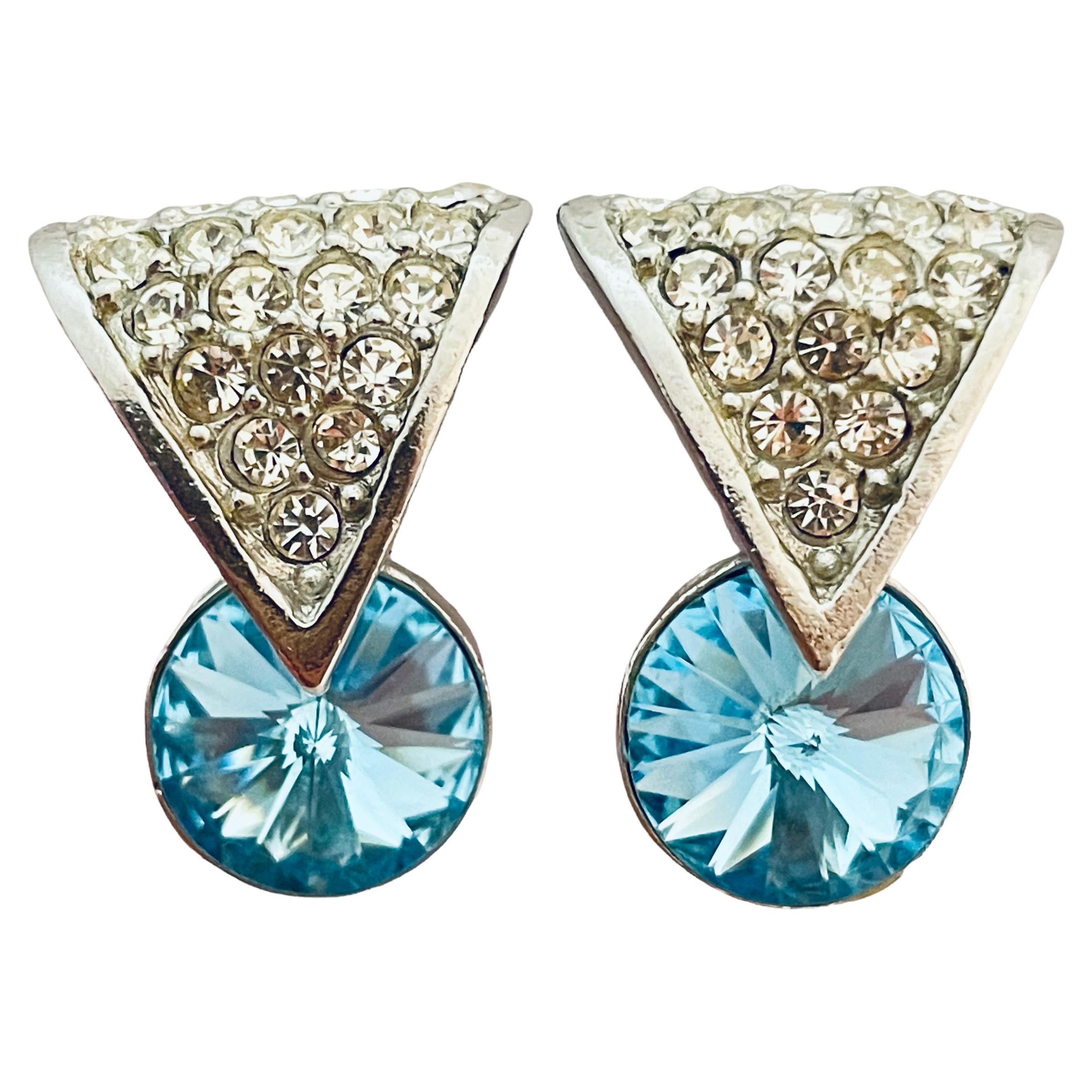 Vtg MADE IN USA silver topaz glass clip on earrings designer runway For Sale
