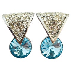 Vtg MADE IN USA silver topaz glass clip on earrings designer runway