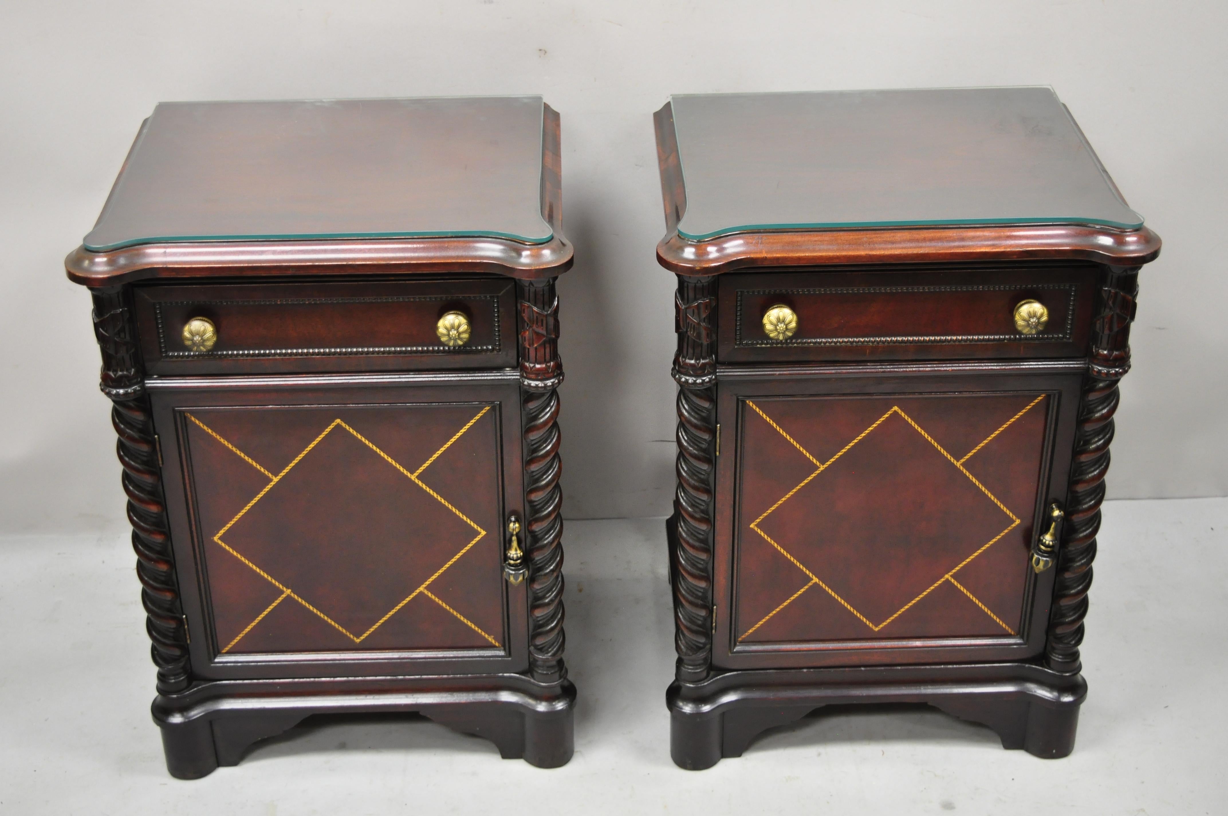 Vtg Mahogany Hollywood Regency Leather Door Nightstands Bedside Tables, a Pair In Good Condition In Philadelphia, PA