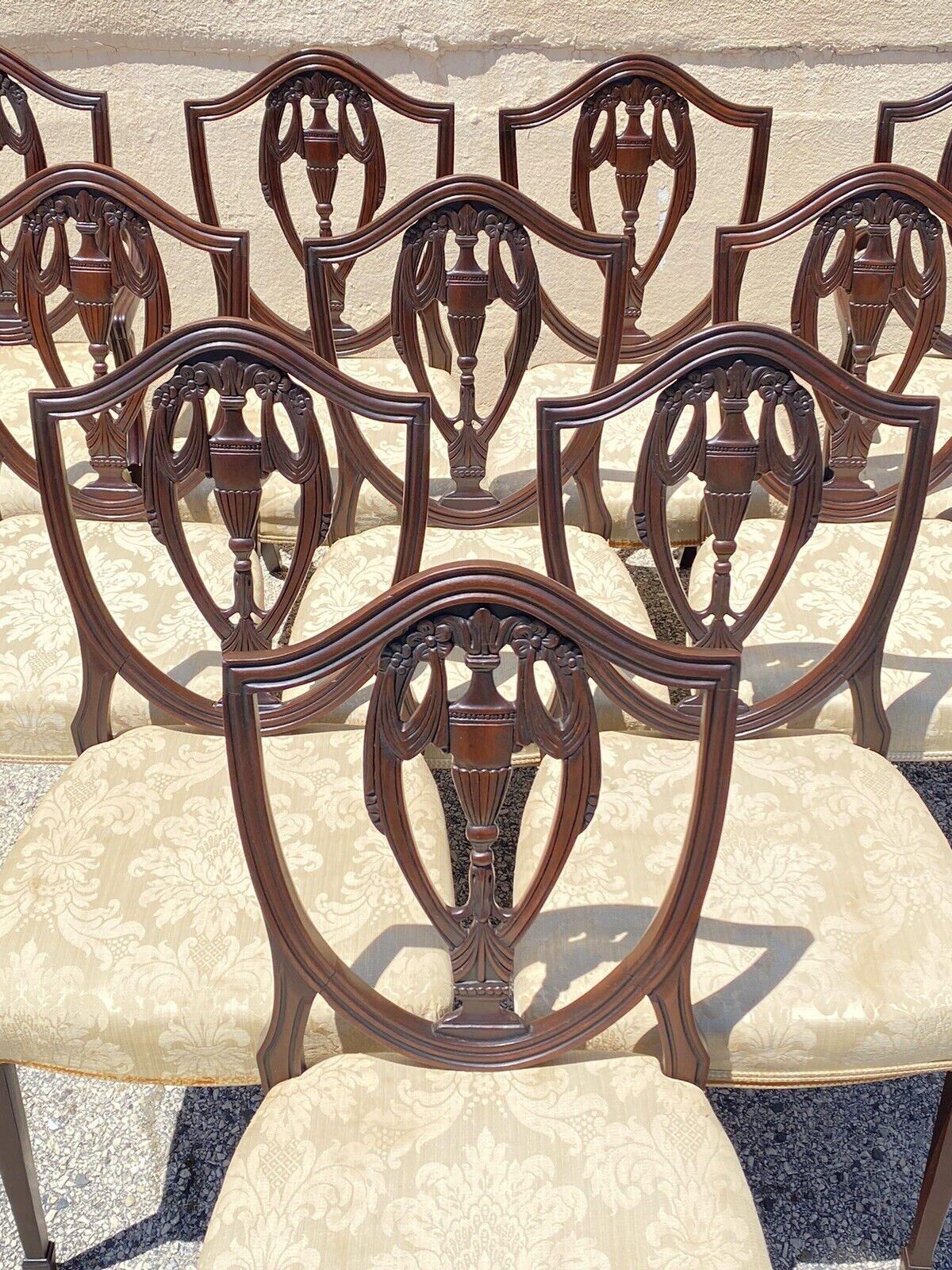 Vtg Mahogany Shield Back Hepplewhite Style Duncan Phyfe Dining Chairs Set of 10 6