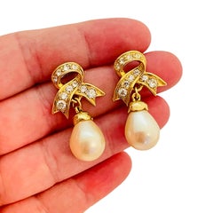 Vtg MARVELLA oro rhinestone perla gota pendientes diseñador pasarela