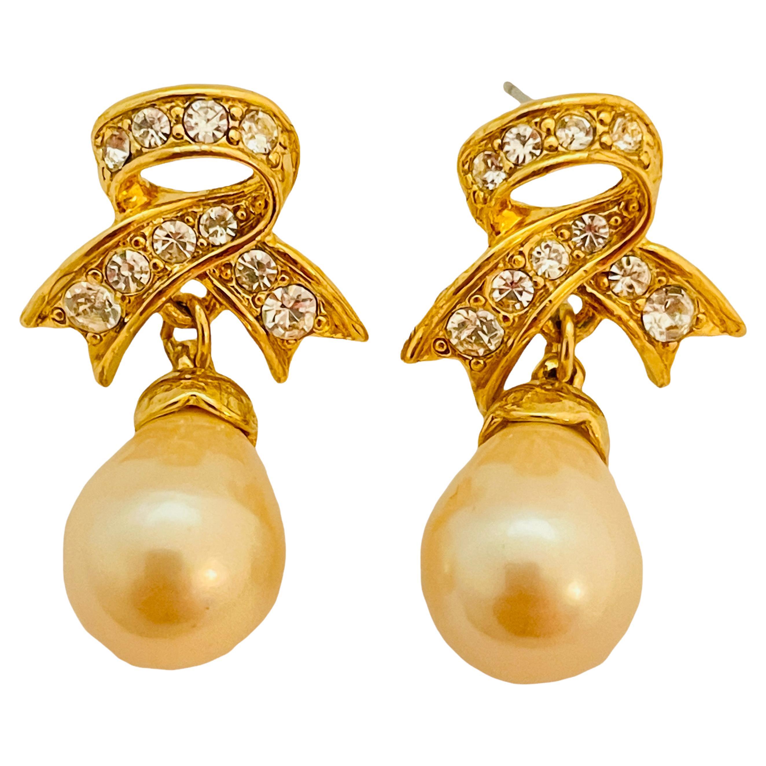 Vtg MARVELLA gold rhinestone pearl drop earrings designer runway For Sale