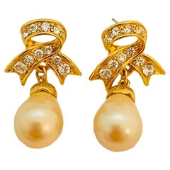 Vintage Vtg MARVELLA gold rhinestone pearl drop earrings designer runway