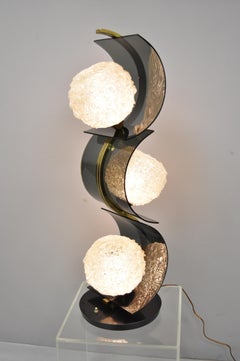 Vintage "S" Shape Sculptural Brass Table Lamp 3 Spun Spaghetti Fiberglass Shades