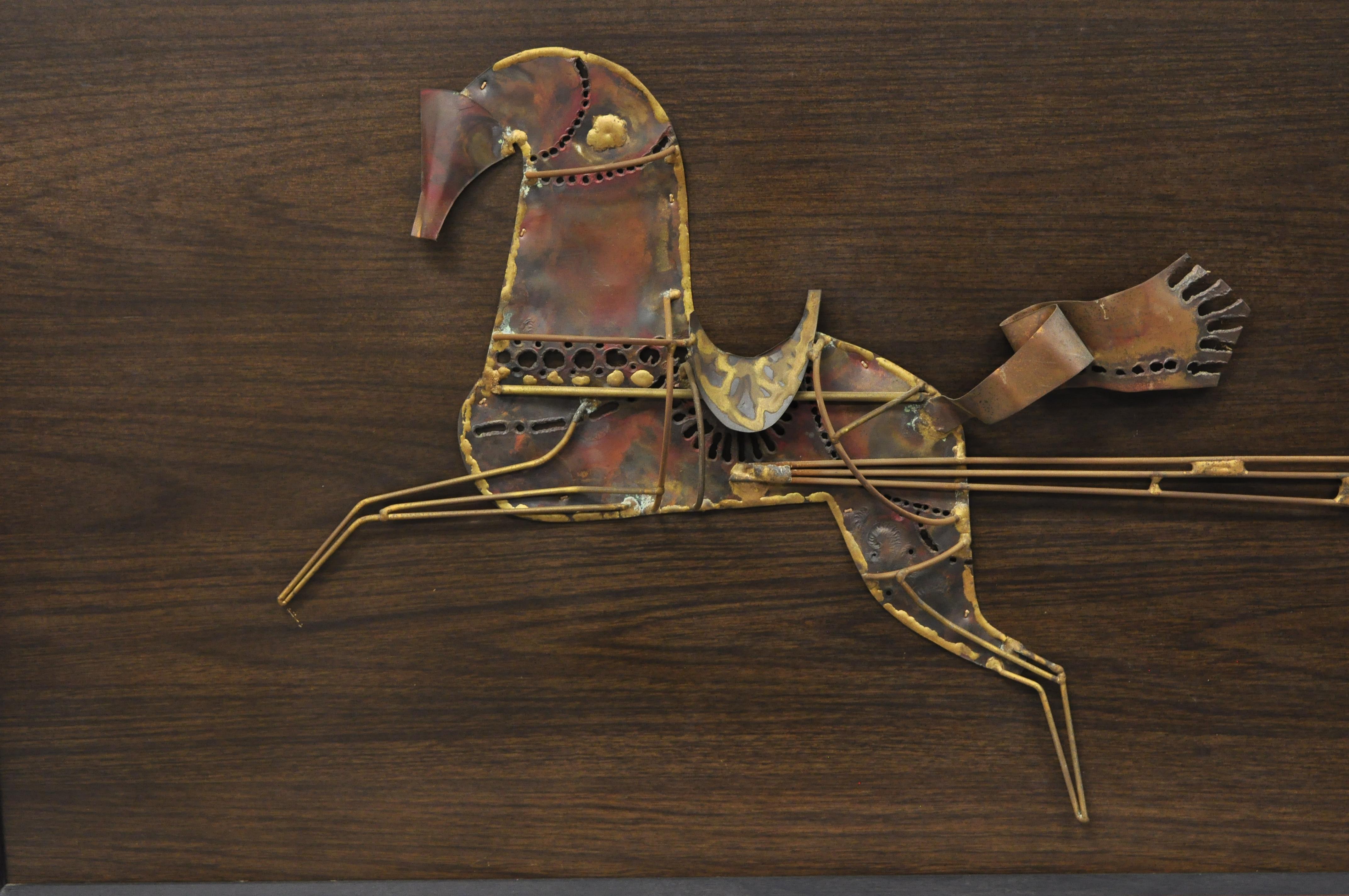 North American Midcentury Hillside Original Gilt Metal Brutalist Horse and Chariot Wall Art For Sale