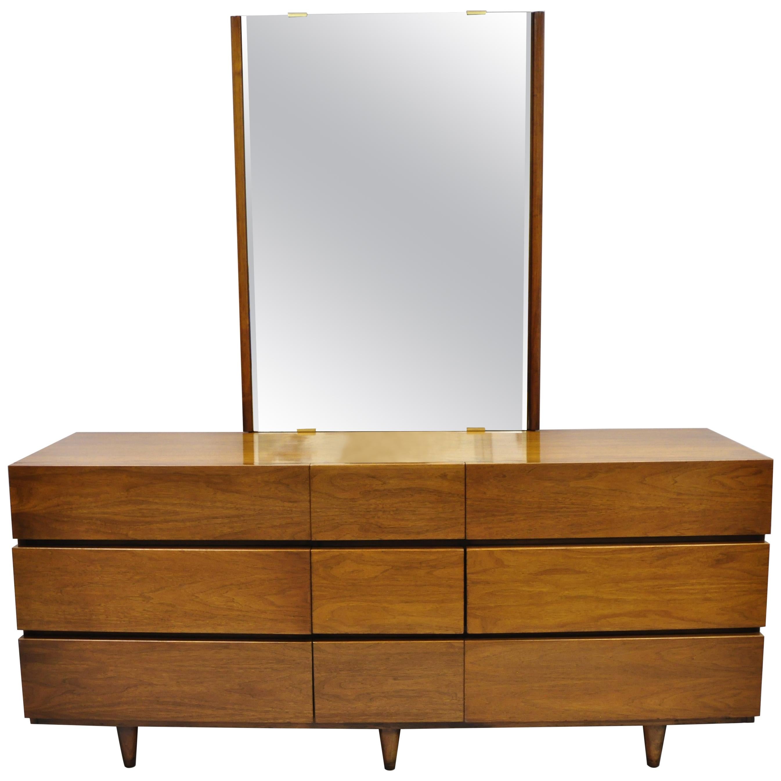 Mid-Century Modern American of Martinsville Walnut Dresser Credenza and Mirror