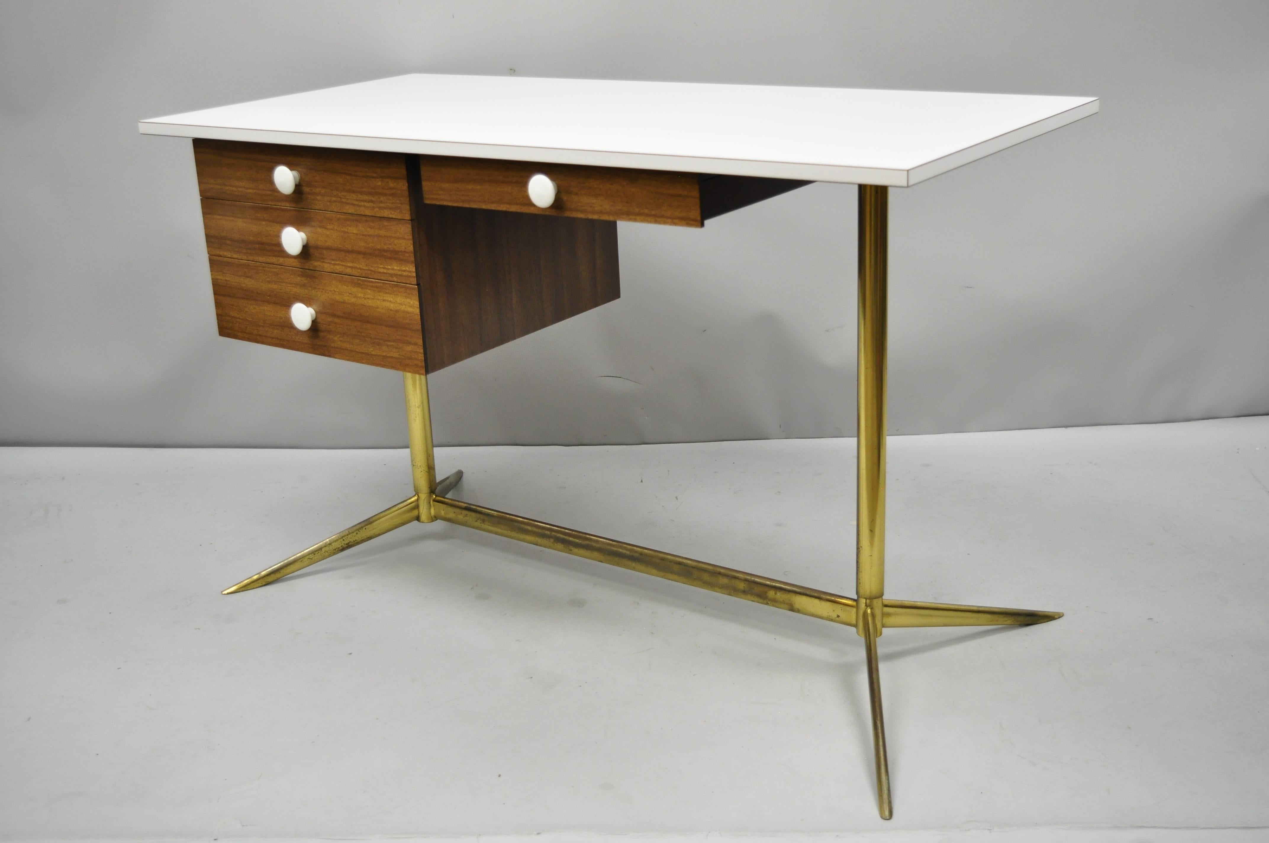 Mid-Century Modern Atomic Era Brass Base Laminate Italian Style Writing Desk 1