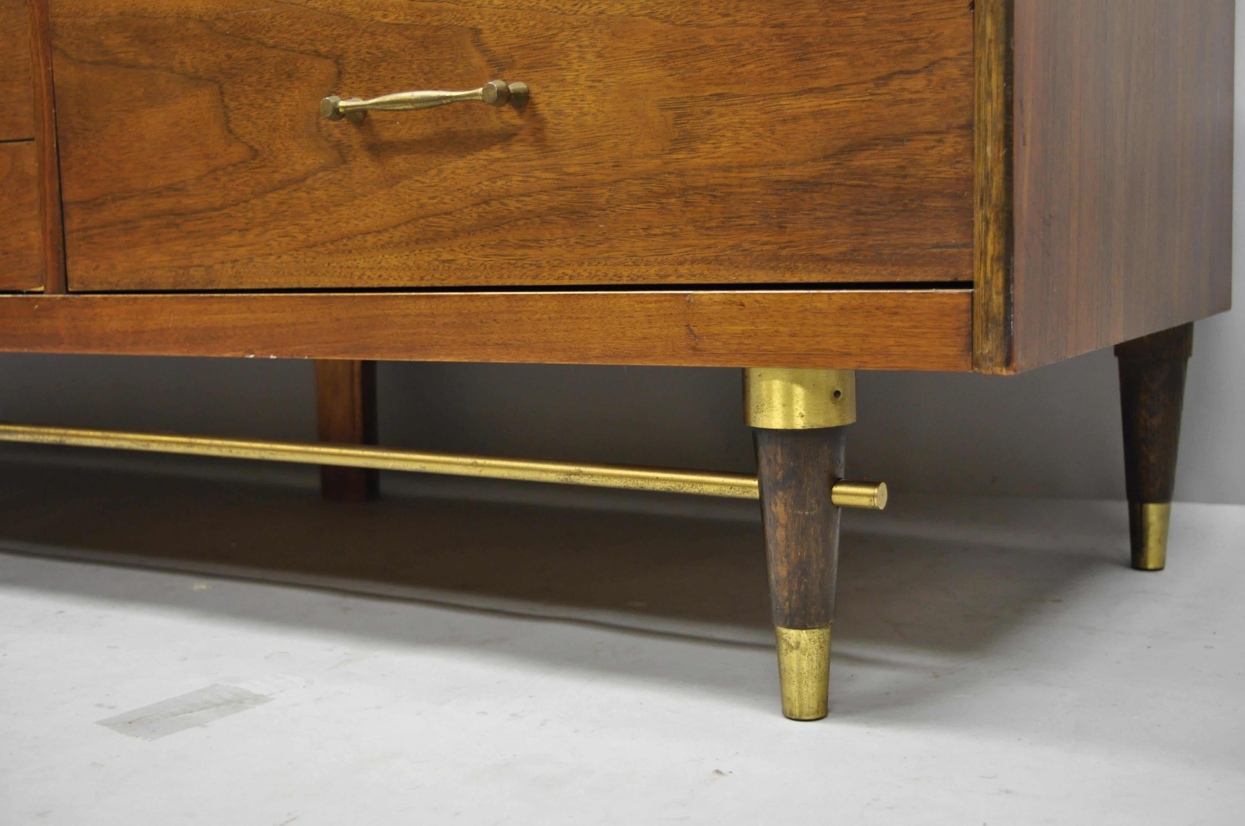American Mid-Century Modern Bassett Walnut Long Dresser Credenza with Brass Stretcher