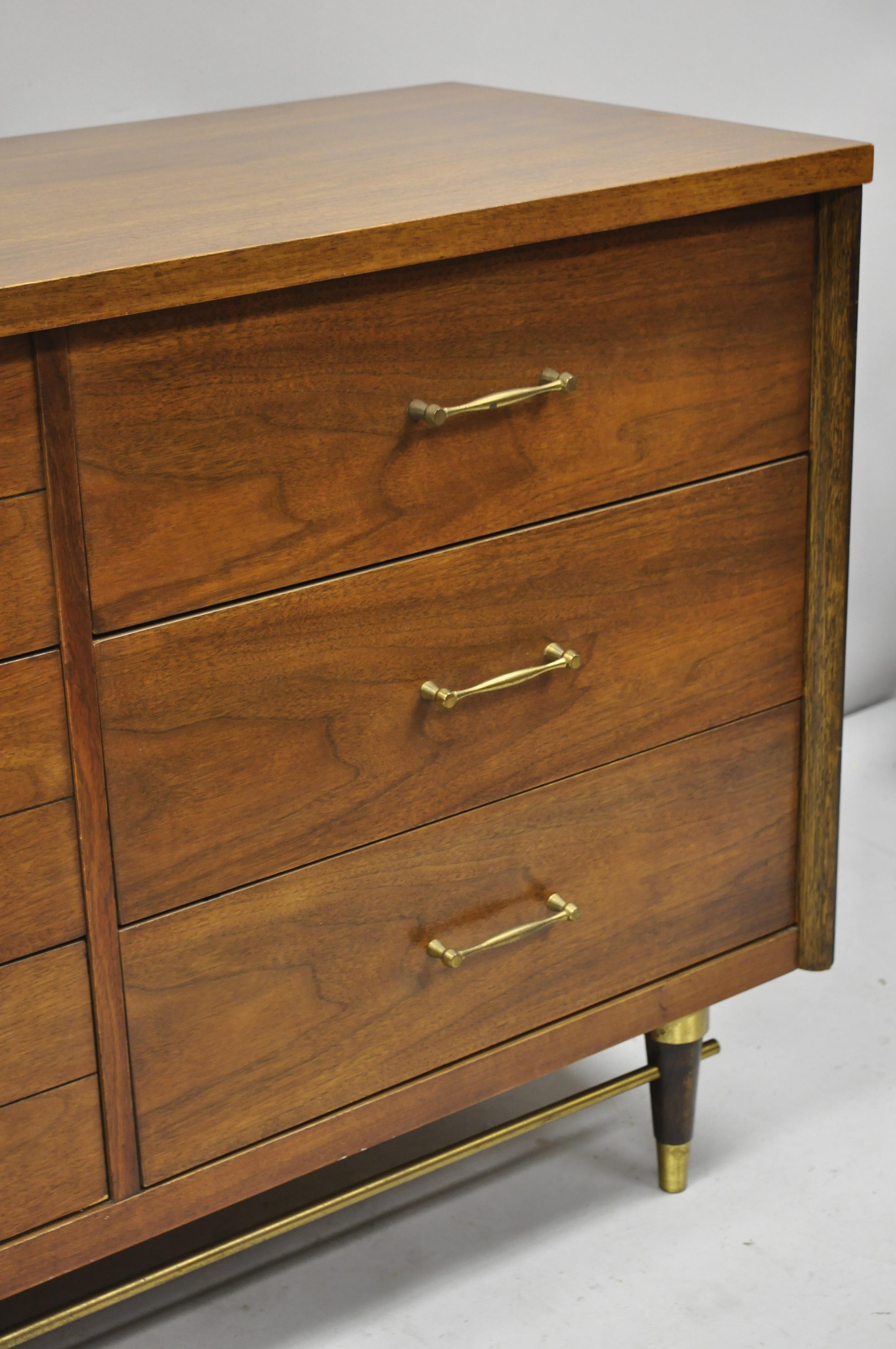 Mid-Century Modern Bassett Walnut Long Dresser Credenza with Brass Stretcher 1