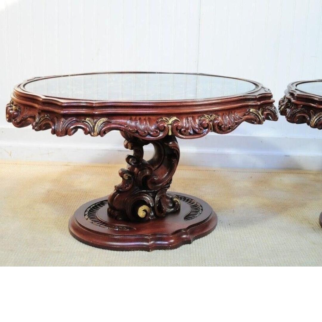 Vintage Mid Century Modern Mediterranean Style Carved Syroco Glass Top End Tables. Item features nice carvings throughout with lovely gold accents. Circa 1960s. Measurements: 16.75