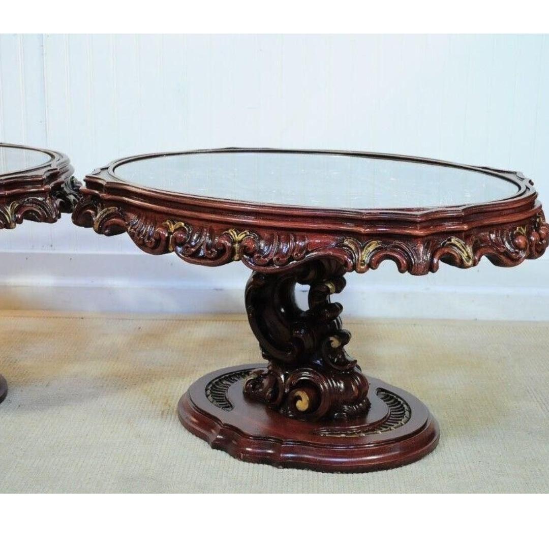 Vtg Mid Century Modern Mediterranean Style Carved Syroco Glass Top End Tables In Good Condition For Sale In Philadelphia, PA