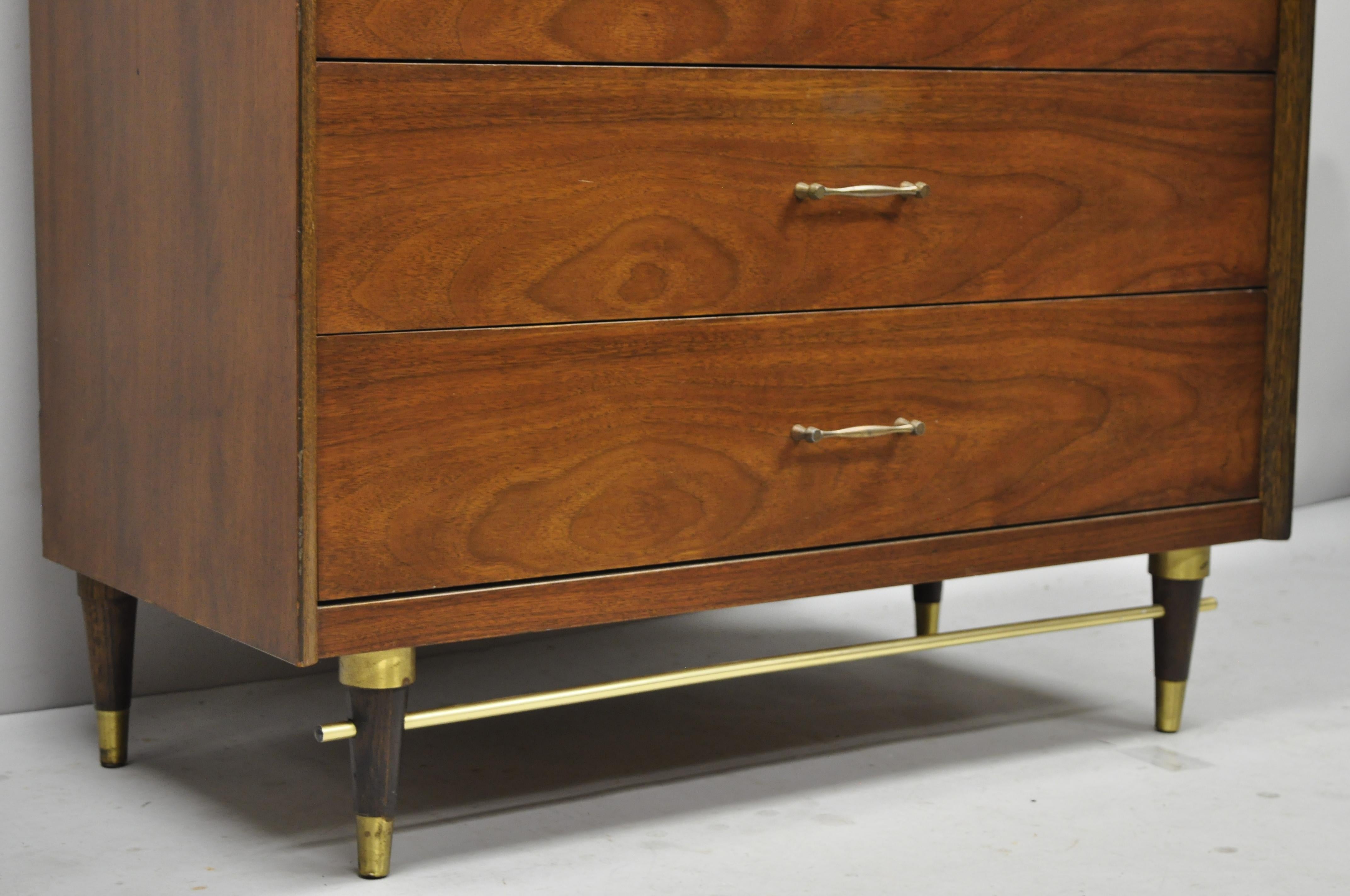Mid-Century Modern Walnut Tall Chest Dresser by Bassett Brass Stretcher Base 2