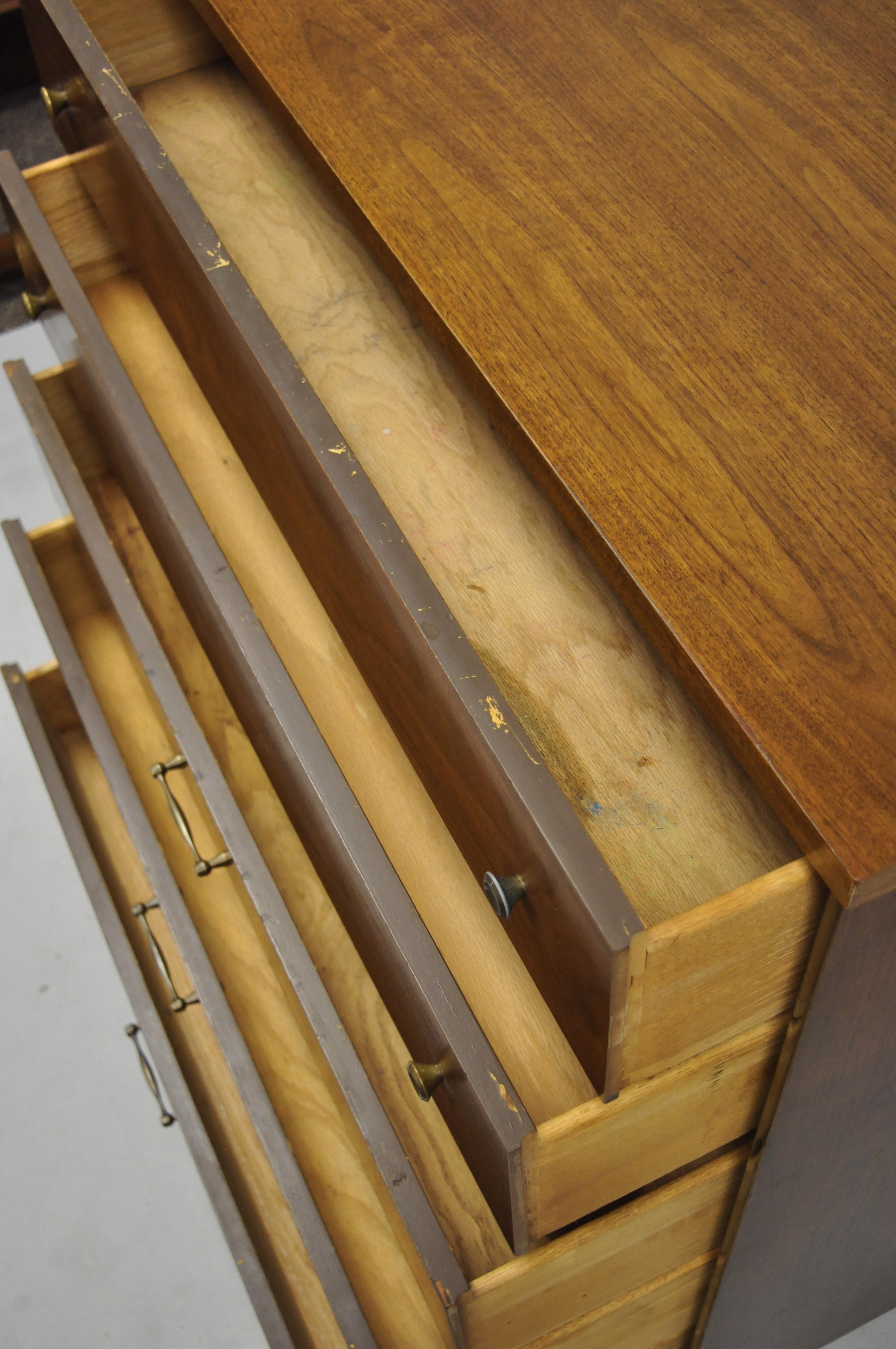 American Mid-Century Modern Walnut Tall Chest Dresser by Bassett Brass Stretcher Base